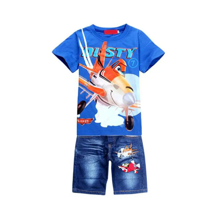 Conjunto de 2 uds., novedad de verano, ropa para bebés, camiseta, pantalones cortos, patrón de avión de dibujos animados, conjunto de ropa informal para niños, conjunto de 2 uds.