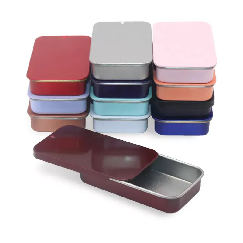 Square lip balm tin case candy Tin Can containers Rectangular custom metal candy mint sliding small tin box packaging with lid