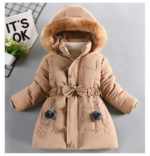 Winter Kids Coat Solid Color Children's Middle Long Coat For Girls Leisure sports fashion cotton padded clothes baby down jacket