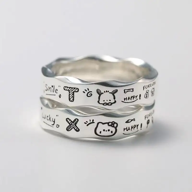 Cartoon Doodle Couple Rings for Women Men Cute Hello Kitty Pochacco Opening Finger Ring Daily Jewelry Accessories