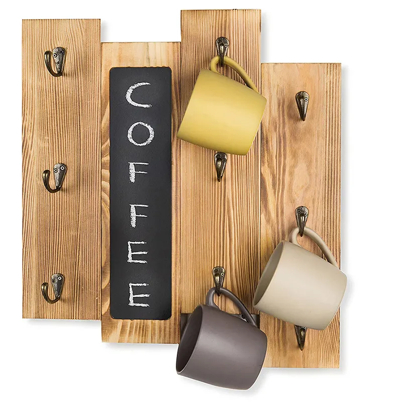 9-hook wall mounted Coffee Cup Mug holder with blackboard country style wooden floating shelf