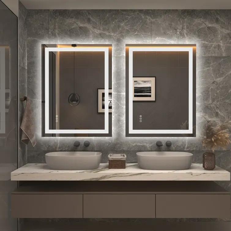 프레임리스 럭셔리 타원형 강화 유리 조명 지능형 벽 마운트 목욕 스마트 안티 포그 터치 스크린 욕실 거울
