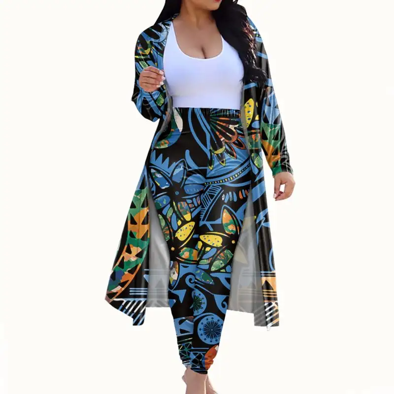 Womens Coat And Hawaiian Polynesian Pattern Print Two Piece Pants Set Plus Size Pant Suits Women Long Sleeve Cardiga