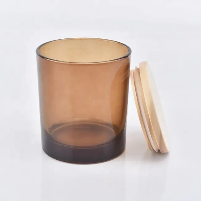 Low Price Amber Glass Candle Jar With Wooden Lid 300 ml