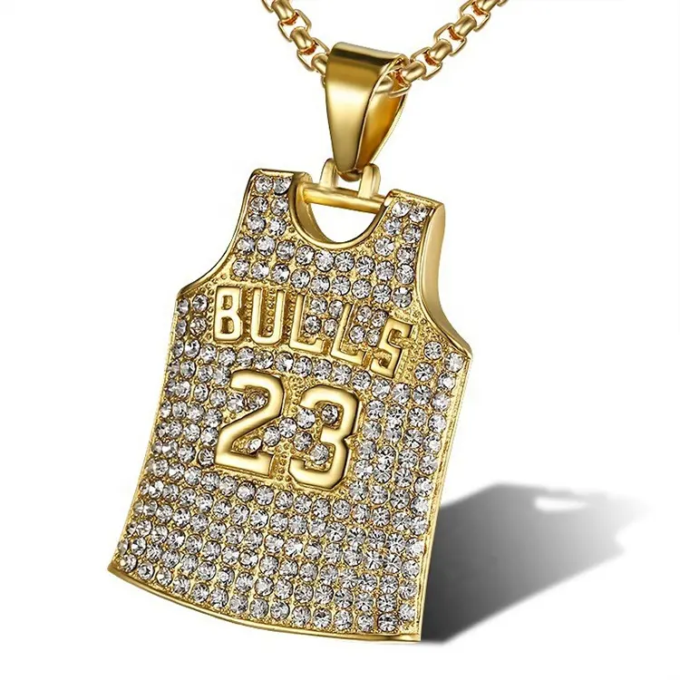Collana sportiva Hip-Hop in stile alla moda marea marchio toro oro diamante 23 Jordan maglia da basket jersey pendente collana
