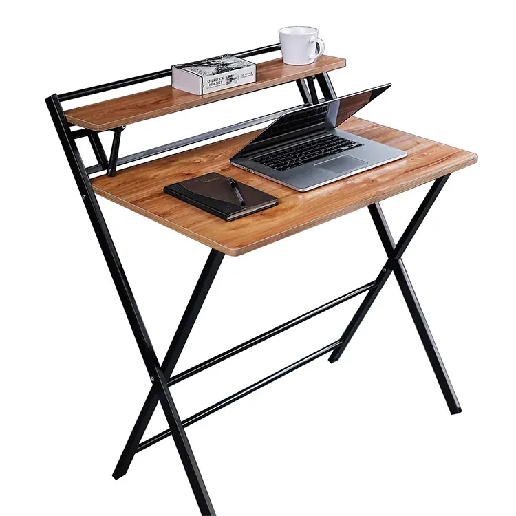 Hiçbir montaj Modern katlanır masası küçük bilgisayar masası Premium ahşap masaüstü Metal çerçeve 2 katmanlı raf dizüstü katlanabilir masa