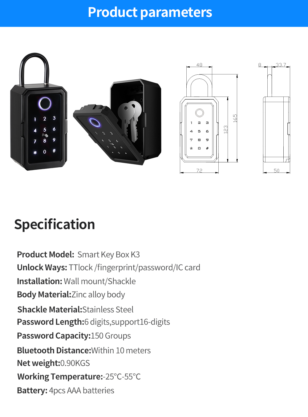 New Style Waterproof Safe Key Box Digital Key Card BLE Password Door Ttlock APP Fingerprint Smart lock