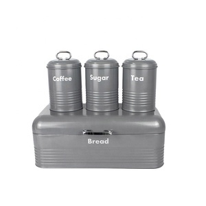 Galvanized Metal <strong>Design</strong> Retro Bread <strong>Bin</strong> with 3 Piece Matching Canister Set Bread Box Tea Coffee Sugar Storage Container Set - Product Image 2