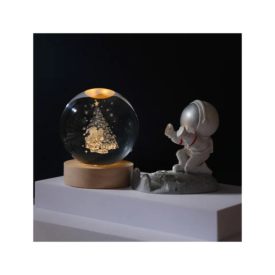 Luce notturna a sfera di cristallo 3d con Base per lampada in legno a Led lampada da comodino per decorazioni per la casa lampada da notte regalo di natale