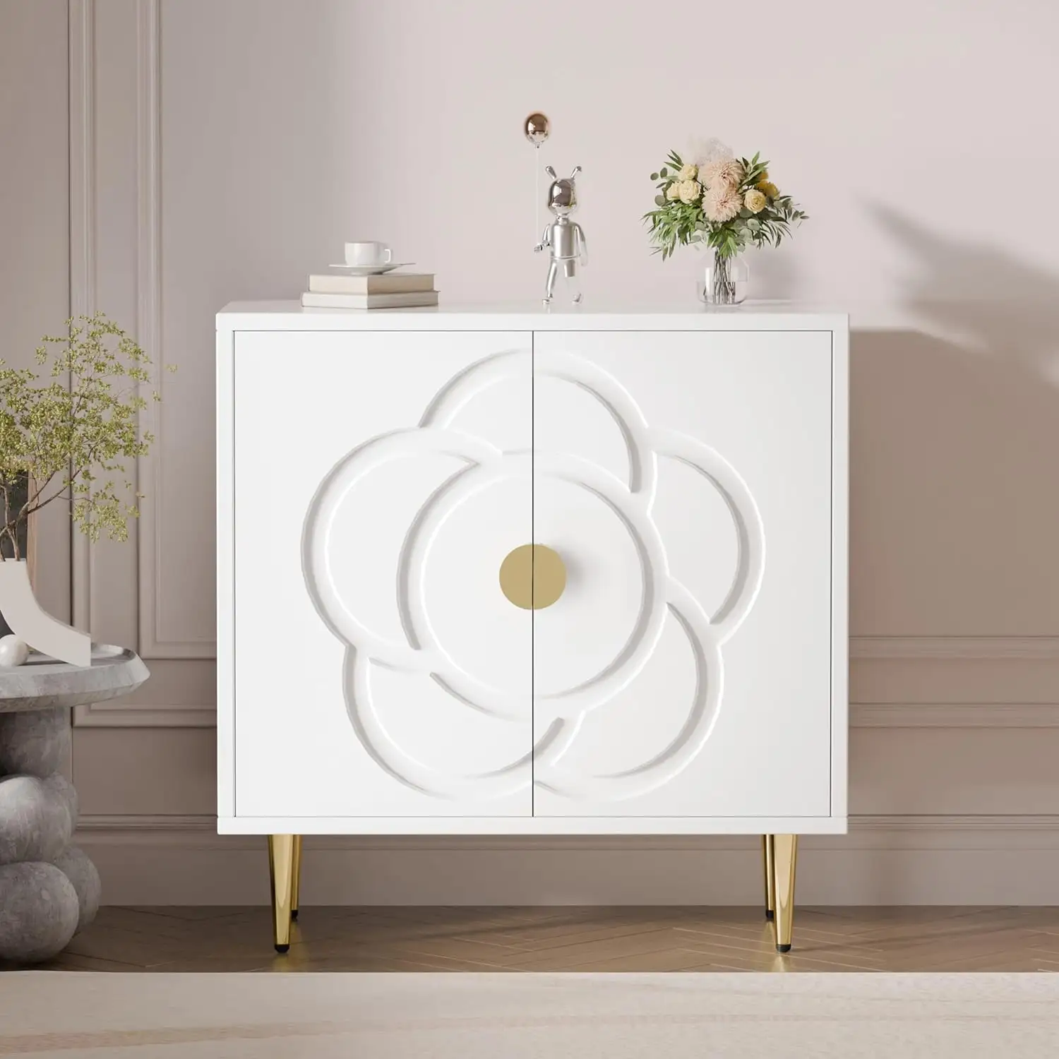 Modern White Kitchen Sideboard Buffet Storage Cabinet With Decorative Flower Pattern Doors