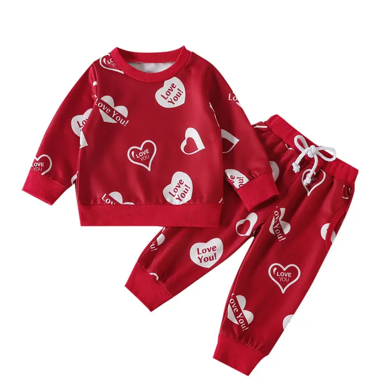 Holesale-Conjunto de ropa con estampado de corazón de San Valentín para niñas, conjunto de dos piezas