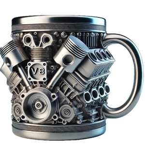 ถ้วย V8เครื่องยนต์พร้อมฝาปิดดีไซน์สร้างสรรค์งานฝีมือทำจากเรซิน3D ลวดลายแก้วอลูมิเนียมสำหรับชาและกาแฟ - Product Image 5