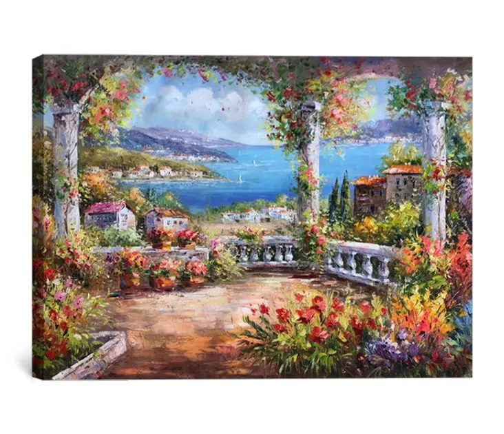 Paisaje de terraza mediterránea hecho a mano, arte italiano, pintura acrílica de mar original para decoración del hogar