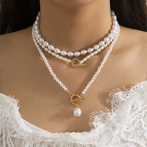 <strong>3</strong> Pcs/set Fashion Jewelry Pearl Overlapping Collarbone <strong>Chain</strong> with OT Button Vintage Beaded Necklace Bracelet Set for Women - Product Image 3