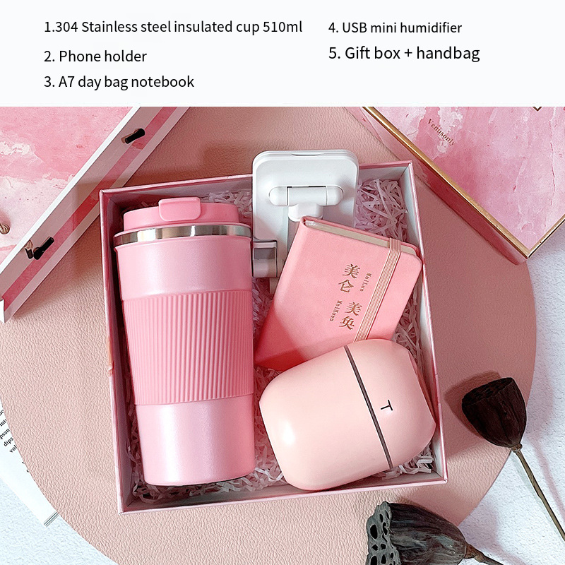Thermos cup + humidifier + mobile holder + A7 notebook (pink)