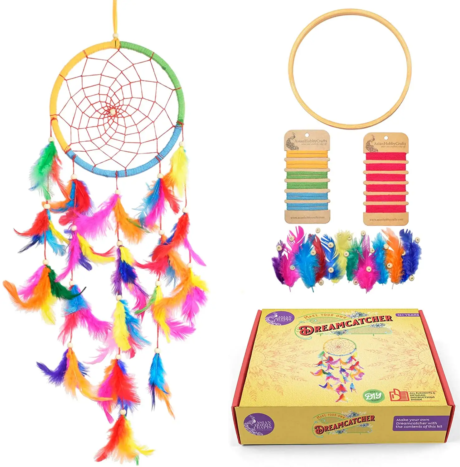 Atrapasueños de plumas de arcoíris para niñas, Kit de creación artesanal de atrapasueños con anillos de aro de bambú, aros, macramé, decoración de guardería