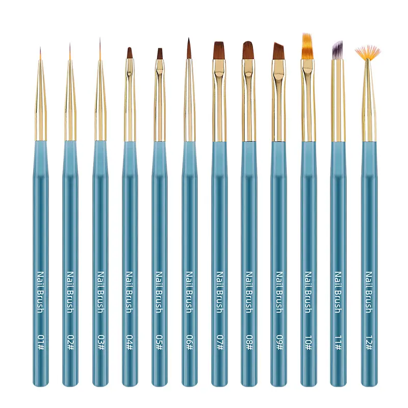 Pennello per unghie professionale 12 pezzi set di arte blu UV Gel smalto di bellezza disegno penna per Manicure strumenti