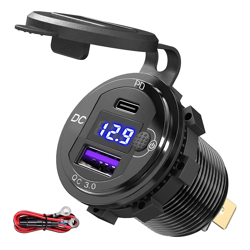 IP66 Waterproof Aluminum Alloy 12V QC 3.0 Fast Charger Dual USB Charger Type C Mobile Phone Car Socket Charger