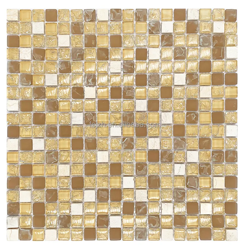 Crema Gold Crackle Wave Glass CLASSIC Outdoor Crystal Glass 6mm Modern Foshan Beige Parquet Villa 2 Years Glossy Glass 15*15 MM