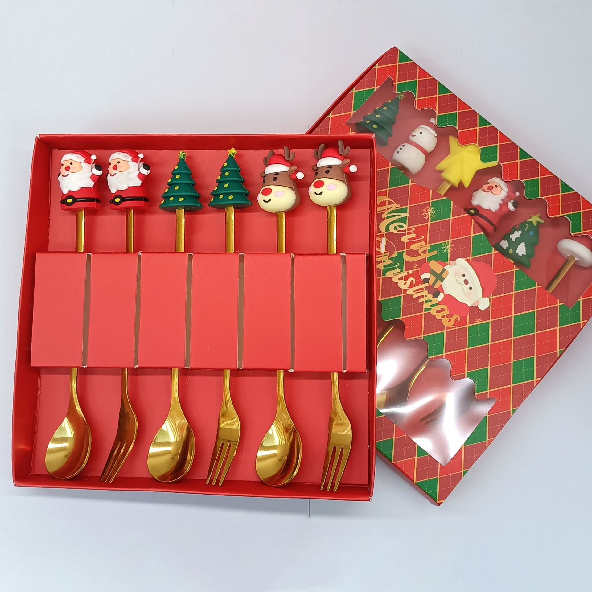 Ensemble de couverts (cuillère et fourchette) en forme de C, finition dorée polie à la machine - 6 pièces - Thème Noël rouge.