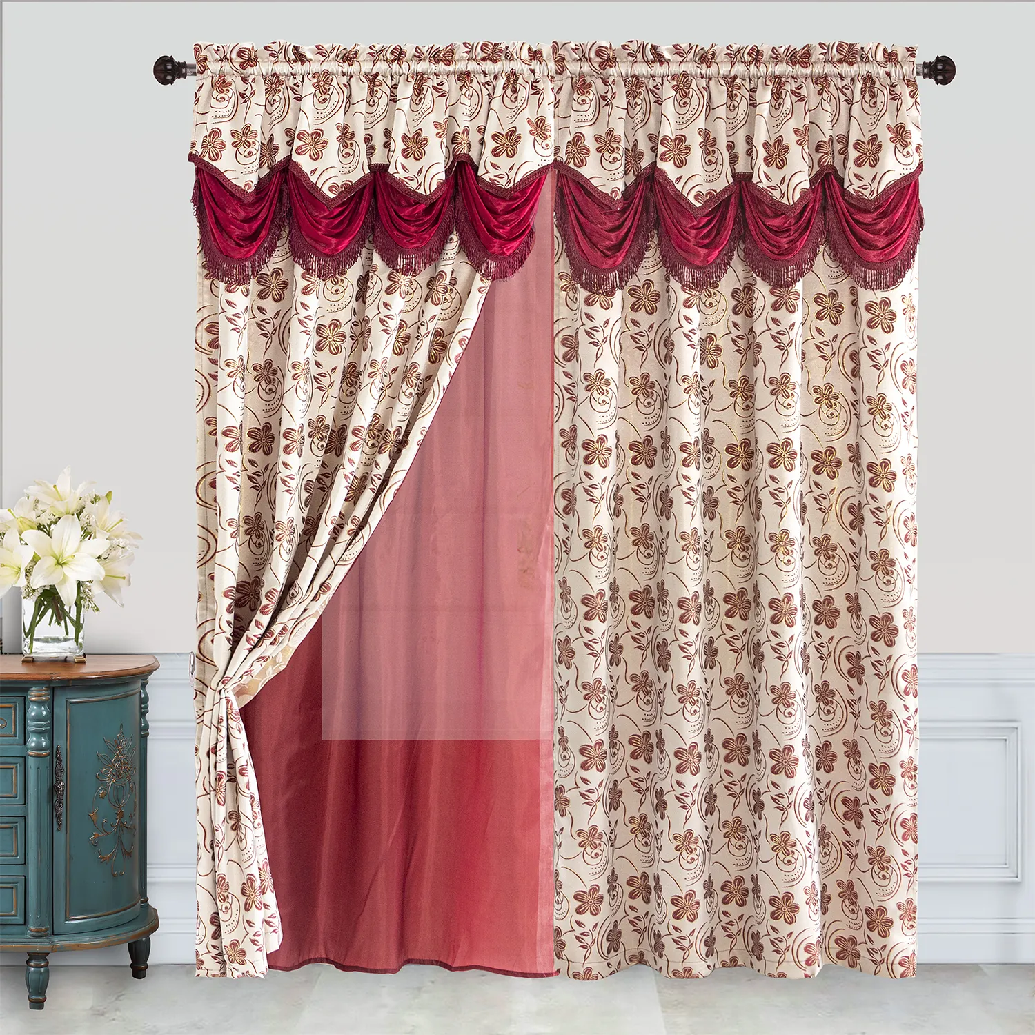 Vente en gros de cantonnière jacquard au design floral moderne de haute qualité Panneaux de fenêtre rideaux prêts à l'emploi pour la maison de luxe