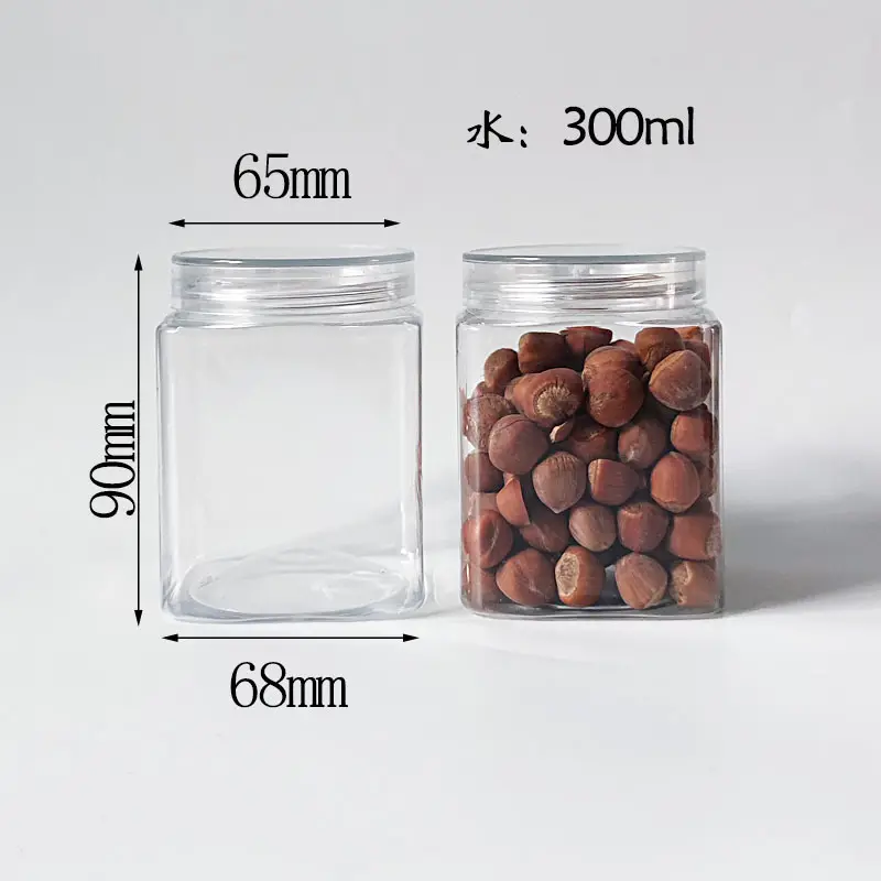 Bottiglia di imballaggio trasparente in plastica per animali domestici da 65mm quadrati per frutta secca a base di frutta e tè con coperchio facile da tirare per barattoli di caramelle