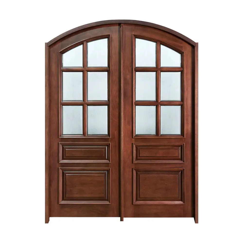 Half round walnut solid wood glass insert arch main door with frame design