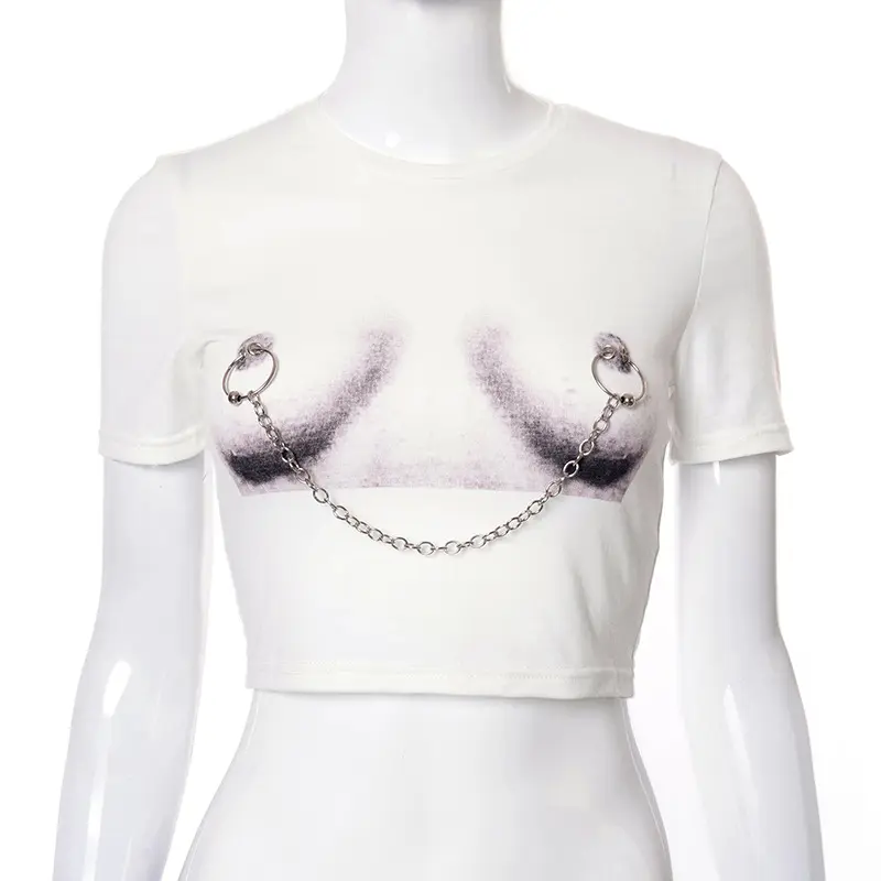 Ready To Ship Woman Tops Fashionable Chain Skinny Print O-neck Women's T-shirts Crop Top