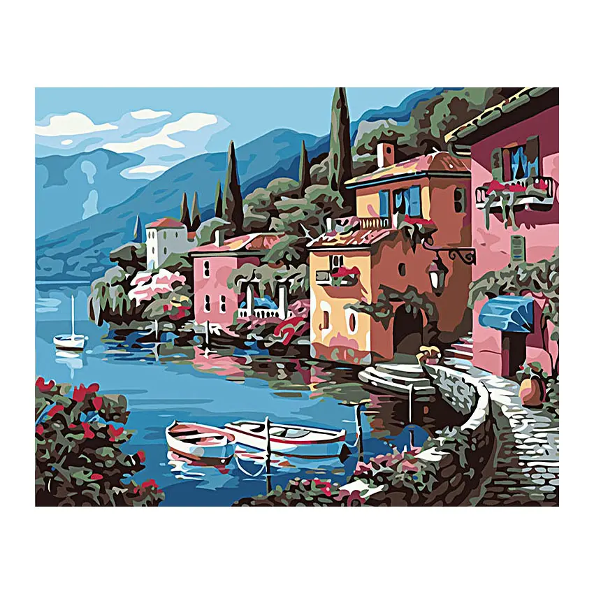 Pinturas por números Villa por el lago imágenes de paisaje dibujo al óleo por números conjunto completo para colorear por números decoración del hogar