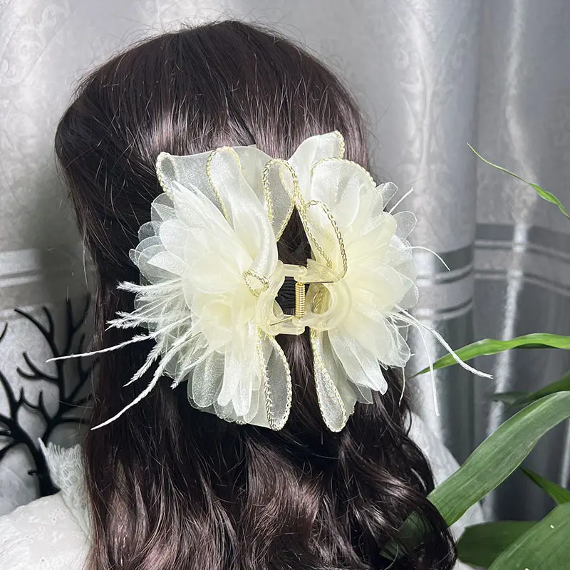 Horquilla de plumas de doble cara grande de 13cm, broche de lazo, malla, cabeza de princesa, pantalla de volumen de pelo, Pan, Media corbata para el pelo