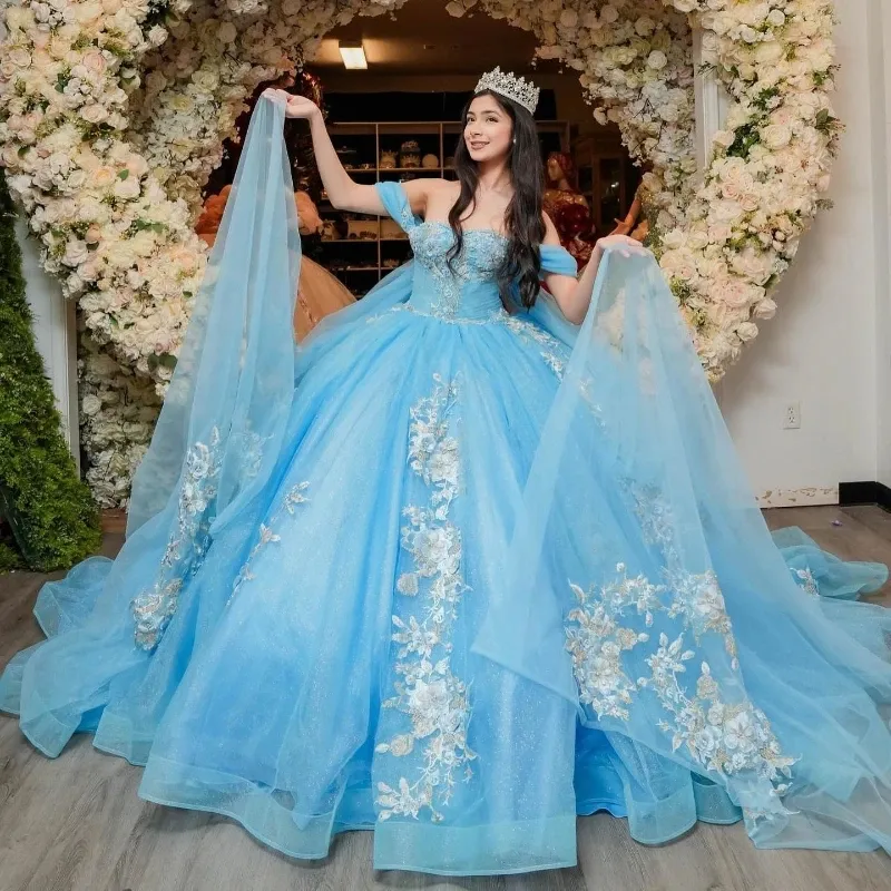 Mumuleo azul cielo brillante fuera del hombro vestido de baile vestidos De Quinceañera flores apliques encaje cuentas corsé Prom Vestido De 15
