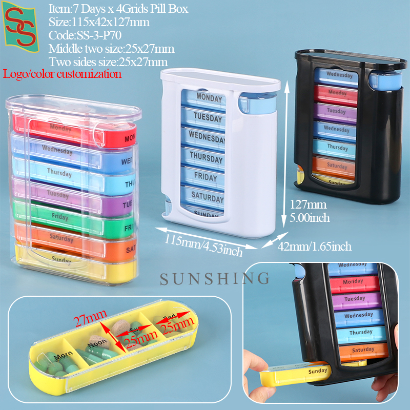 Caja de pastillas P70 Weedly con 4 compartimentos por día