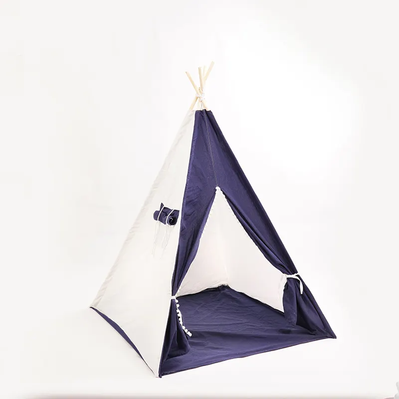 Playhouse Wood Polyester Fabric Indoor White & Dark Blue Teepee Outdoor Tent For Kids