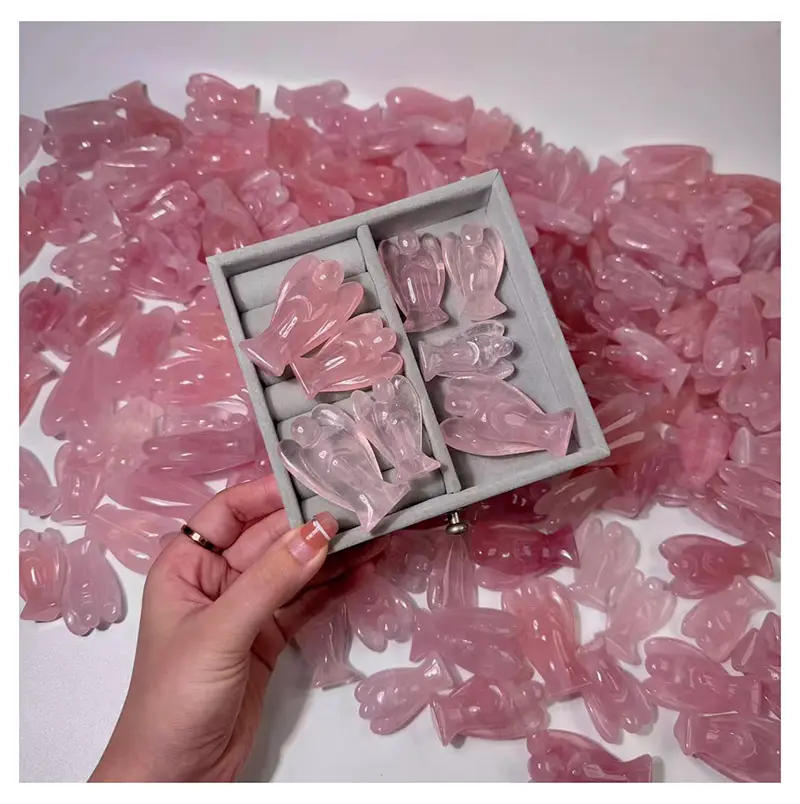 Venta al por mayor de alta calidad lindo Ángel de cuarzo rosa cristal natural 2 pulgadas delfín piedra preciosa animal tallado artesanías