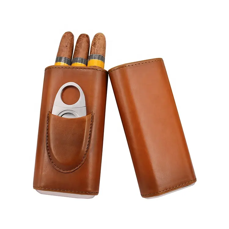Caja de cigarros de viaje forrada de madera de cedro de cuero marrón de 3 dedos de alta calidad, caja de humidor de tubo con cortador de acero inoxidable plateado