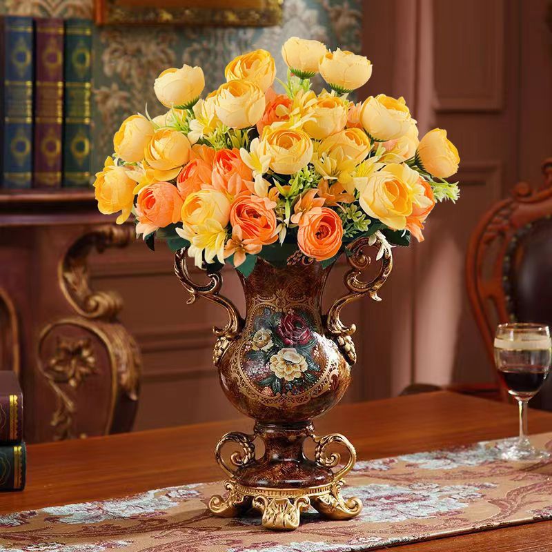 แจกันสองหูดอกไม้สีส้มสีเหลือง (สูง50ซม.)