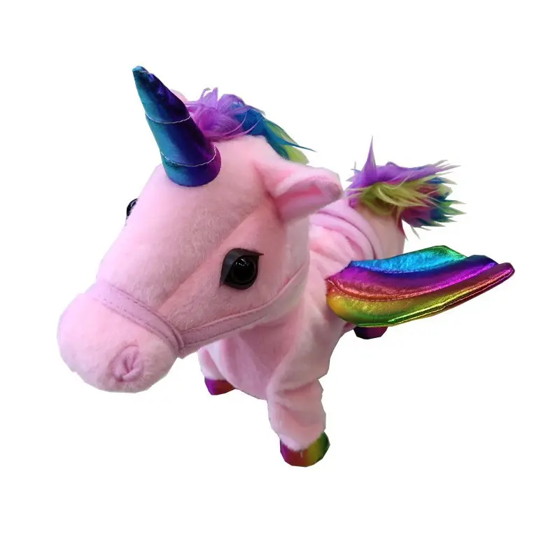 Mainan lucu boneka musik kuda hewan boneka mewah Unicorn berjalan elektrik untuk hadiah anak-anak