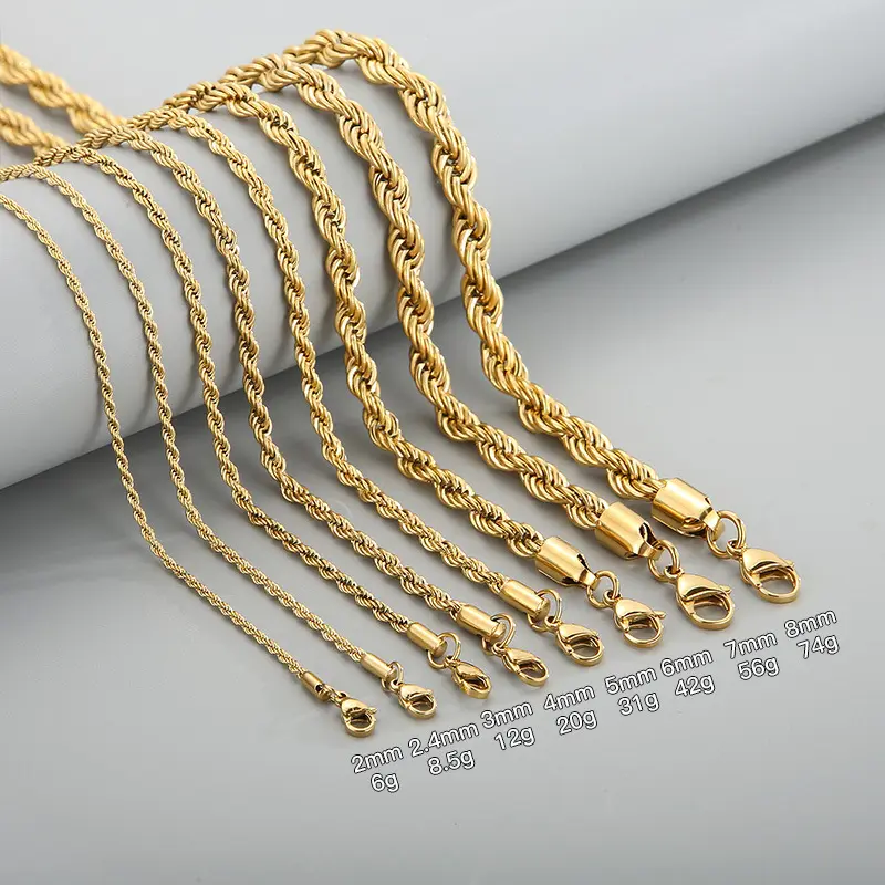 Drop Shipping 316L Stainless Steel 14k 18k PVD Gold Plated Rope Twist Link Chain Necklace 2-8mm Accessories Necklace Jewelry