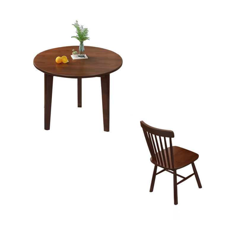 Table ronde de 80 cm avec 4 chaises Windsor (couleur noyer)