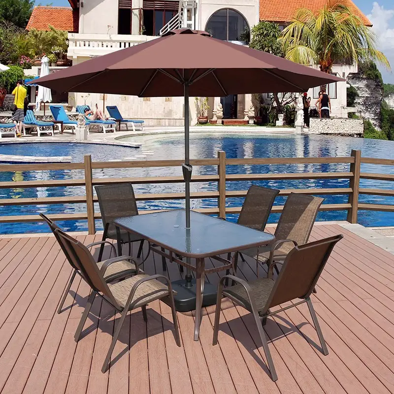 Patio balcón ocio con sombrilla jardín café muebles de hierro forjado juego de mesa y silla de exterior de tres piezas