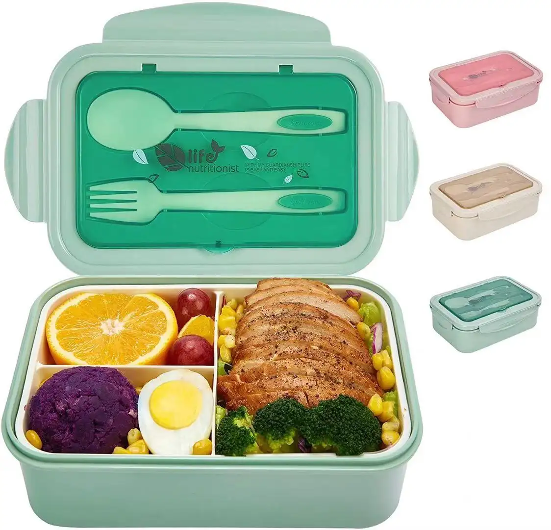 Boîte à bento en plastique à 3 compartiments boîte à tiffin en plastique pp réutilisable boîte à lunch pour enfants avec couverts