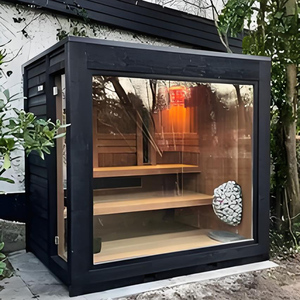 Sala de sauna cuadrada familiar de lujo con puerta lateral para exteriores con cómodo sistema de control de temperatura y estufa de leña de primera calidad. - Product Image 1