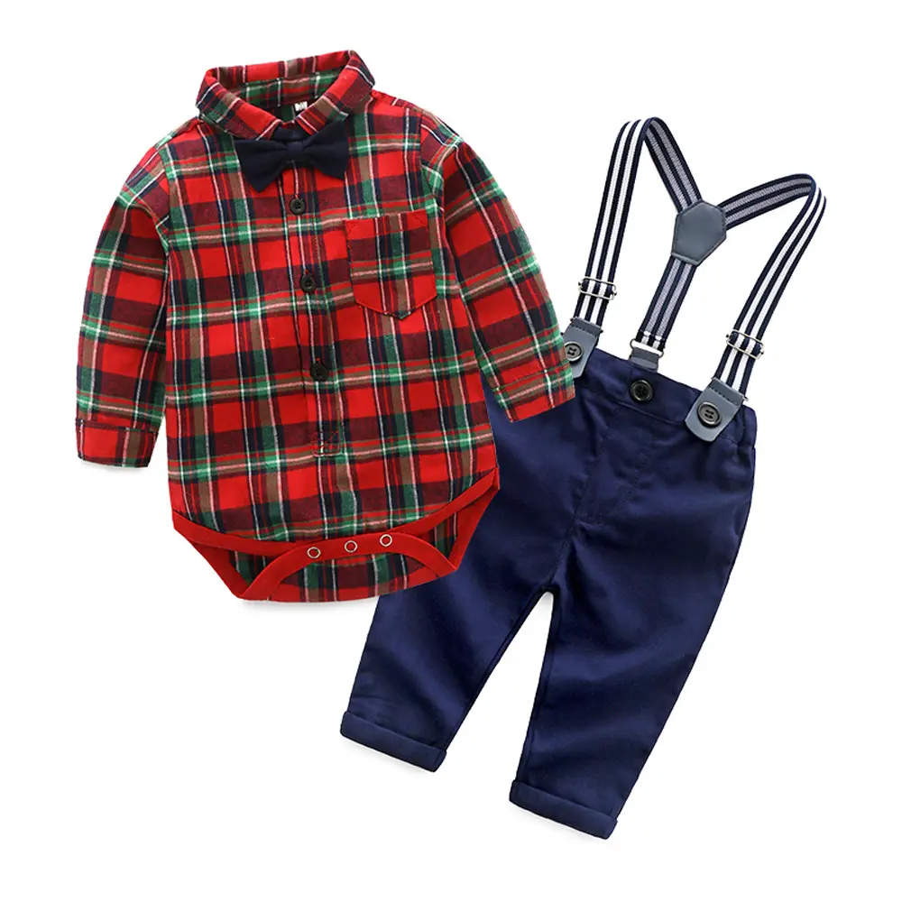 Conjunto de roupas de bebê menino xadrez, manga longa, gravata borboleta, suspensórios, calças, roupas de natal