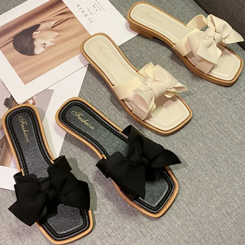 Sandalias planas con lazo y Punta abierta para mujer, chanclas cuadradas informales con lazo para verano, venta al por mayor, baratas