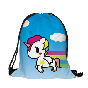 Bolsa de cordón con logotipo personalizado mochila a todo color bolsa con cordón de poliéster con estampado de unicornio de dibujos animados reciclado - Product Image 2