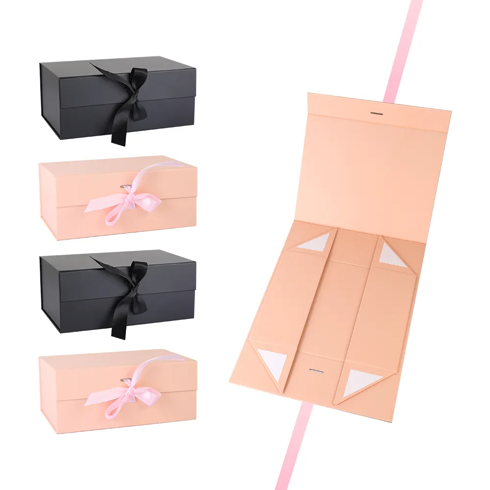 Недорогие Роскошные Пользовательские розовые ленты с магнитным закрытием складные подарочные коробки