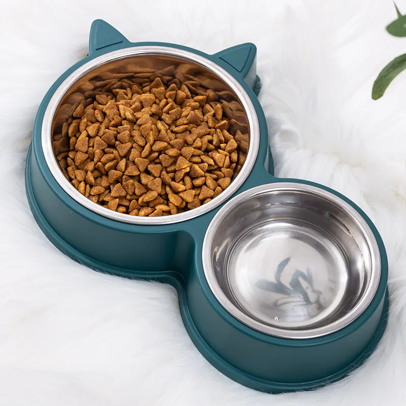 2023 hot selling portable travel plastic and stainless steel pet food feeding cat double bowl plate feeding water pet supplies