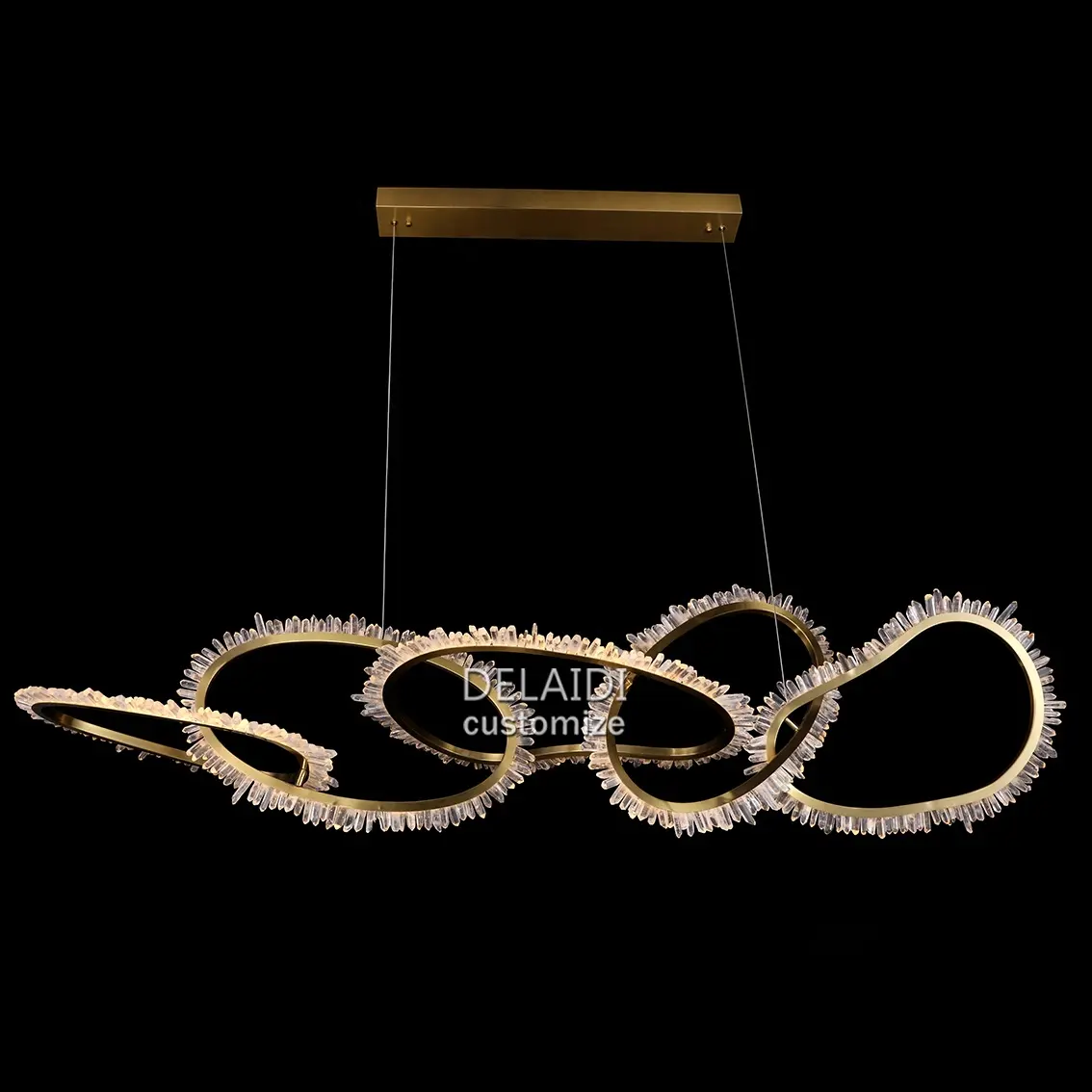 Brass living room dining room lights modern simple creative 5 ring designer chandelier natural rocks crystal lamps