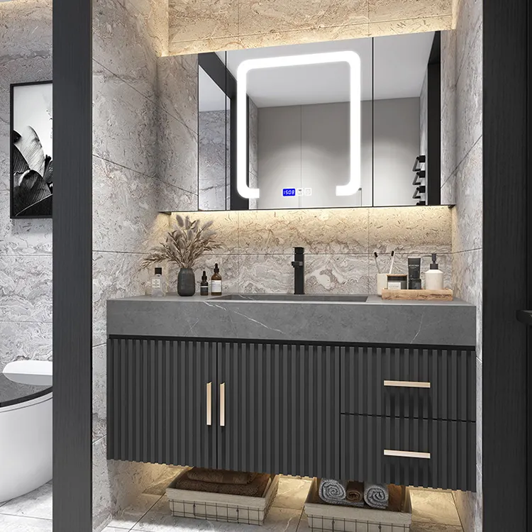 2021 luxe salle de bains 3 miroirs suspendus portes armoire 80cm salle de bains miroir lumière 1 lavabo vanité ensemble avec évier