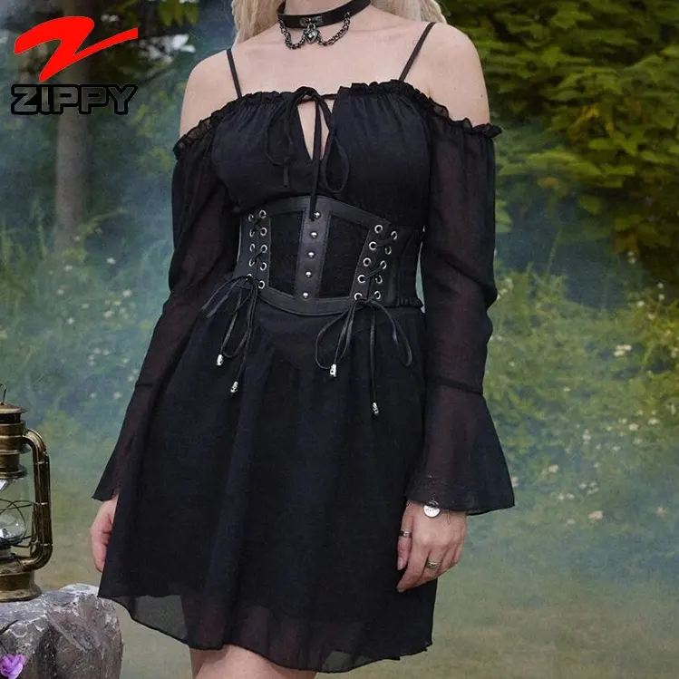 Vestido de diseñador personalizado de una pieza para mujer, mini vestido negro con volantes y hombros descubiertos, sin cinturón de corsé, 2022